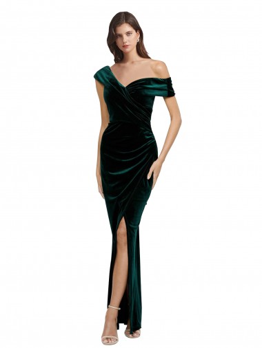Long Asymmetric Neckline Ruched Formal Velvet Bridesmaid Dress / Prom Dress Glasgow