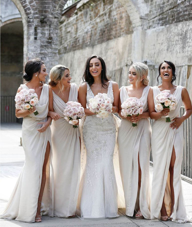 Full Length Luxe Chiffon Long Champagne bridesmaid dresses Glasgow with Sexy High Slit and Front Ruffles