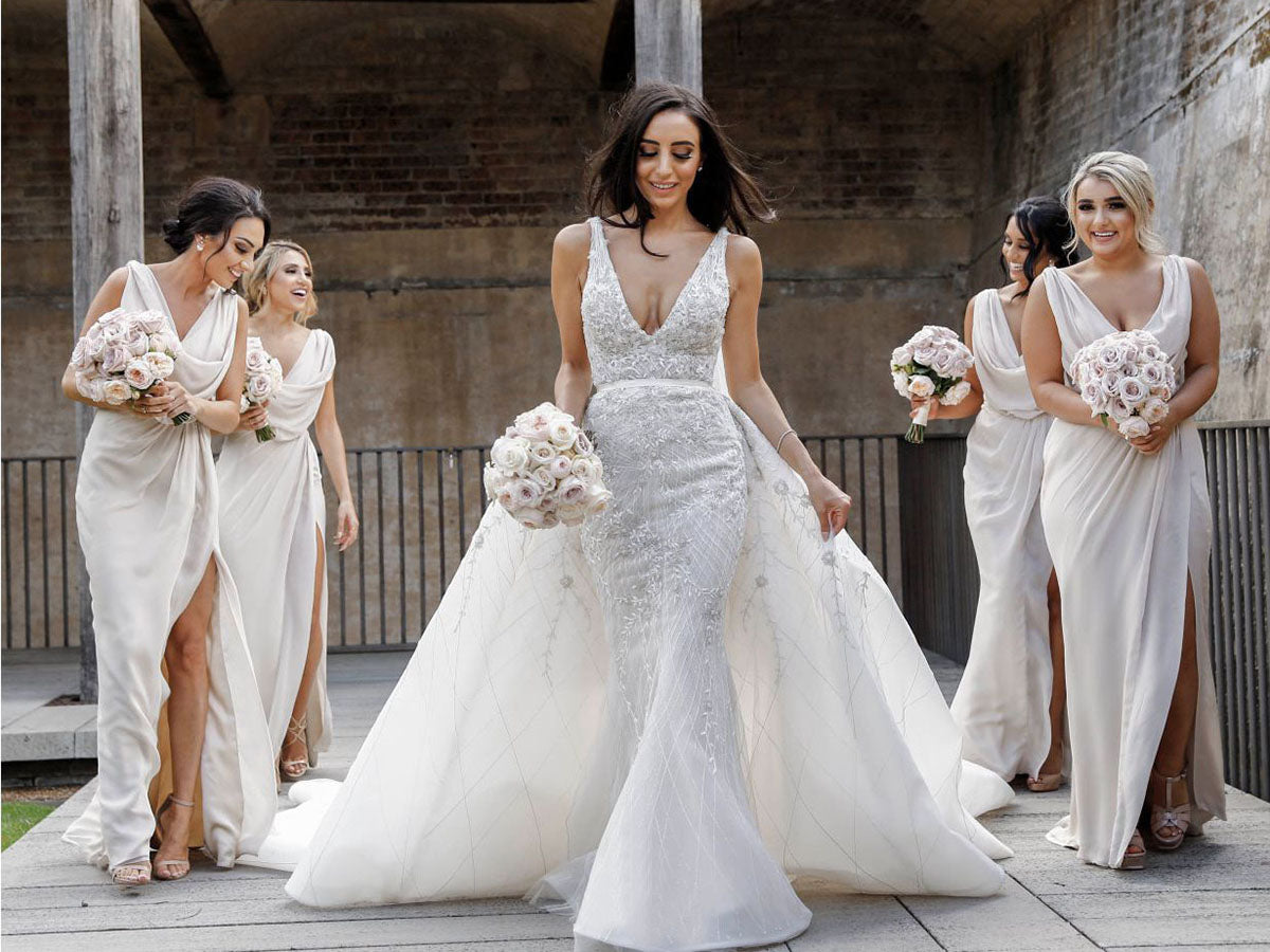 Full Length Luxe Chiffon Long Champagne bridesmaid dresses Glasgow with Sexy High Slit and Front Ruffles