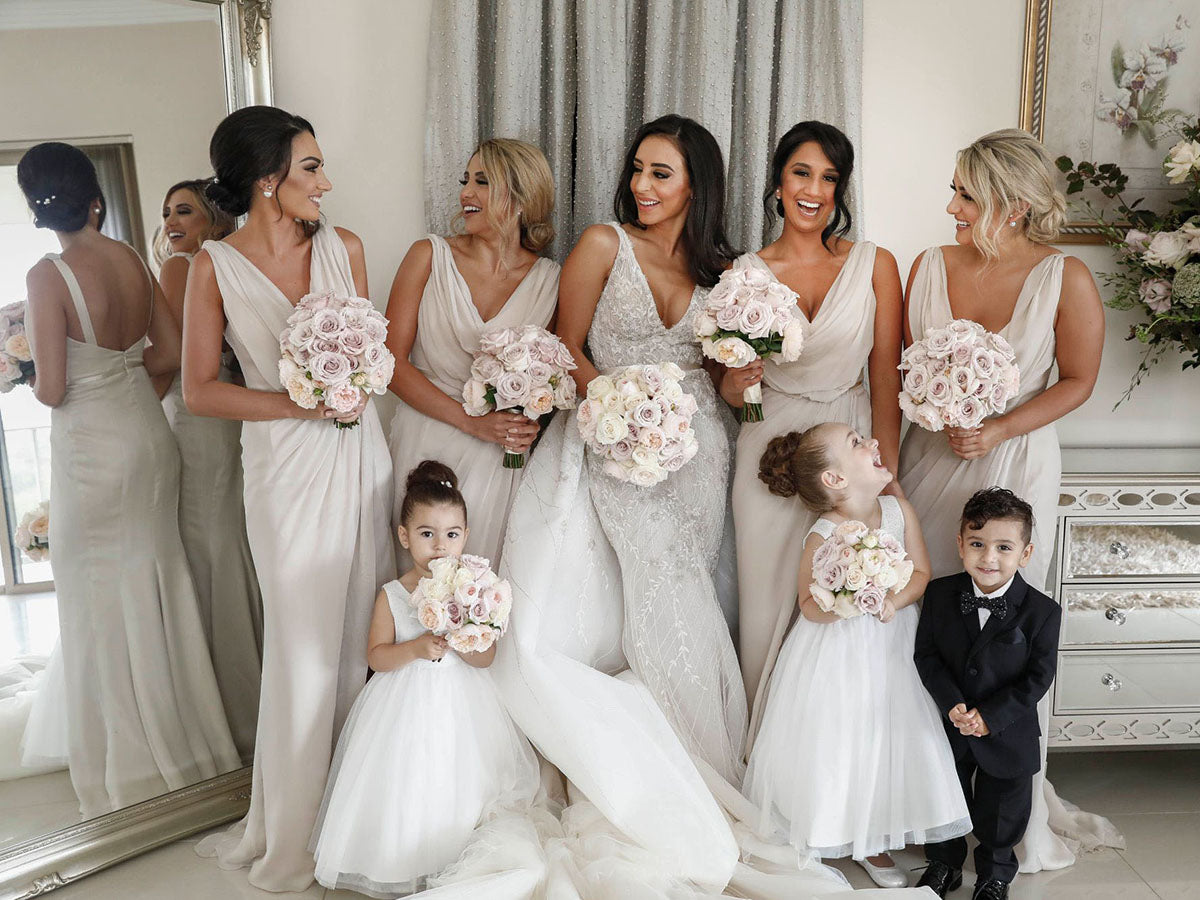 Full Length Luxe Chiffon Long Champagne bridesmaid dresses Glasgow with Sexy High Slit and Front Ruffles