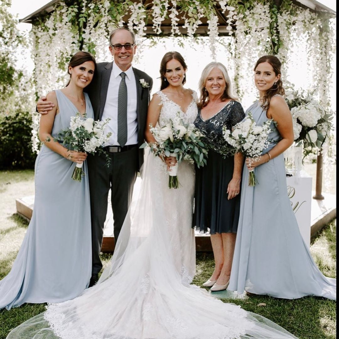 Dusty Blue Full Length Luxe Chiffon Long Champagne bridesmaid dresses Glasgow with Sexy High Slit and Front Ruffles