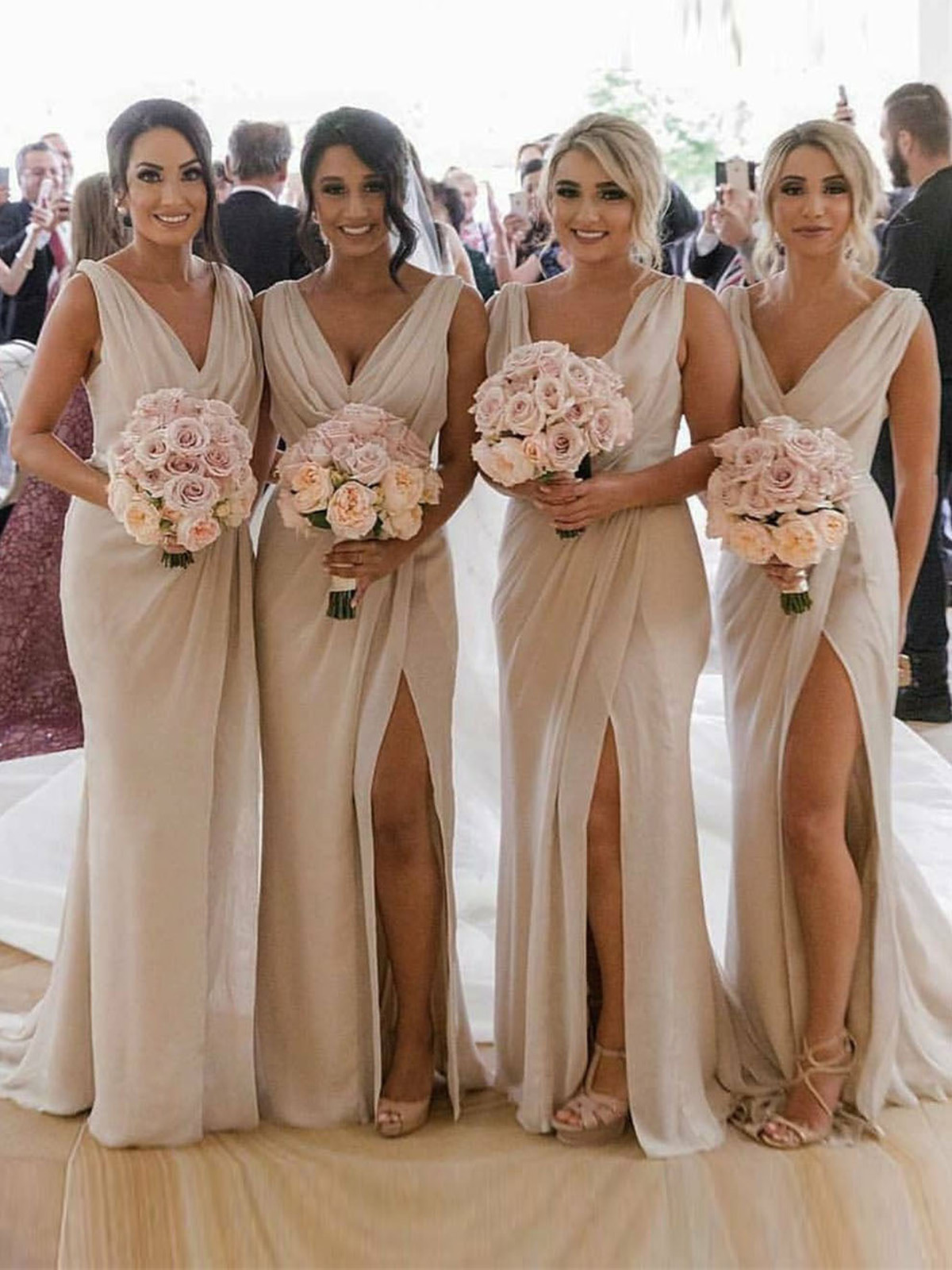 Champagne Full Length Luxe Chiffon Long Champagne bridesmaid dresses Glasgow with Sexy High Slit and Front Ruffles